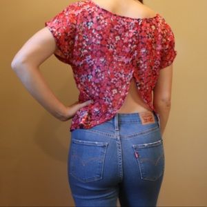 Sheer Floral Open-Back Crop Tee